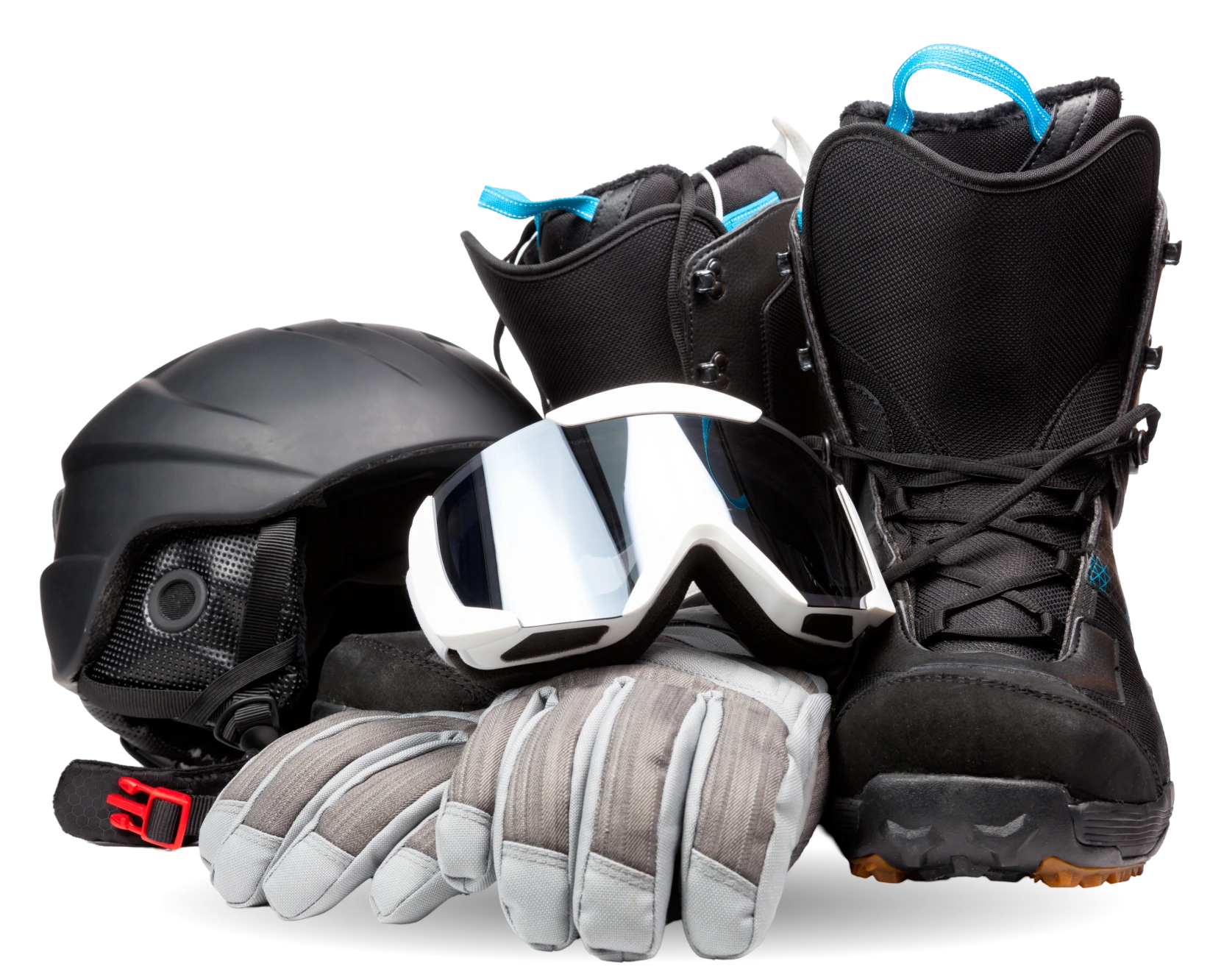 Snowboarding gear: helmet, boots, gloves, goggles